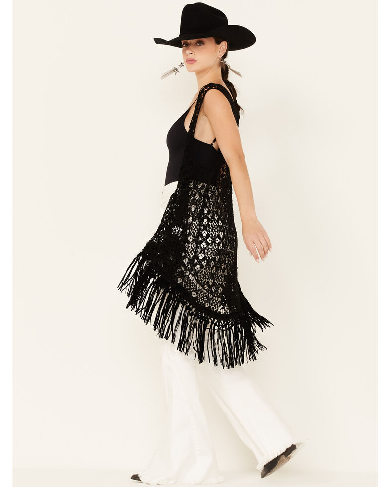 Origami Women's Crochet & Fringe Vest, Black, hi-res