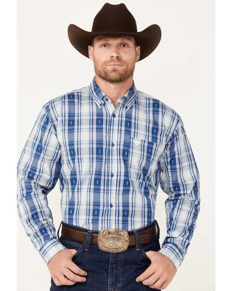 Image #1 - Cowboy Hardware Men's Jacquard Plaid Print Long Sleeve Button-Down Western Shirt , Blue, hi-res