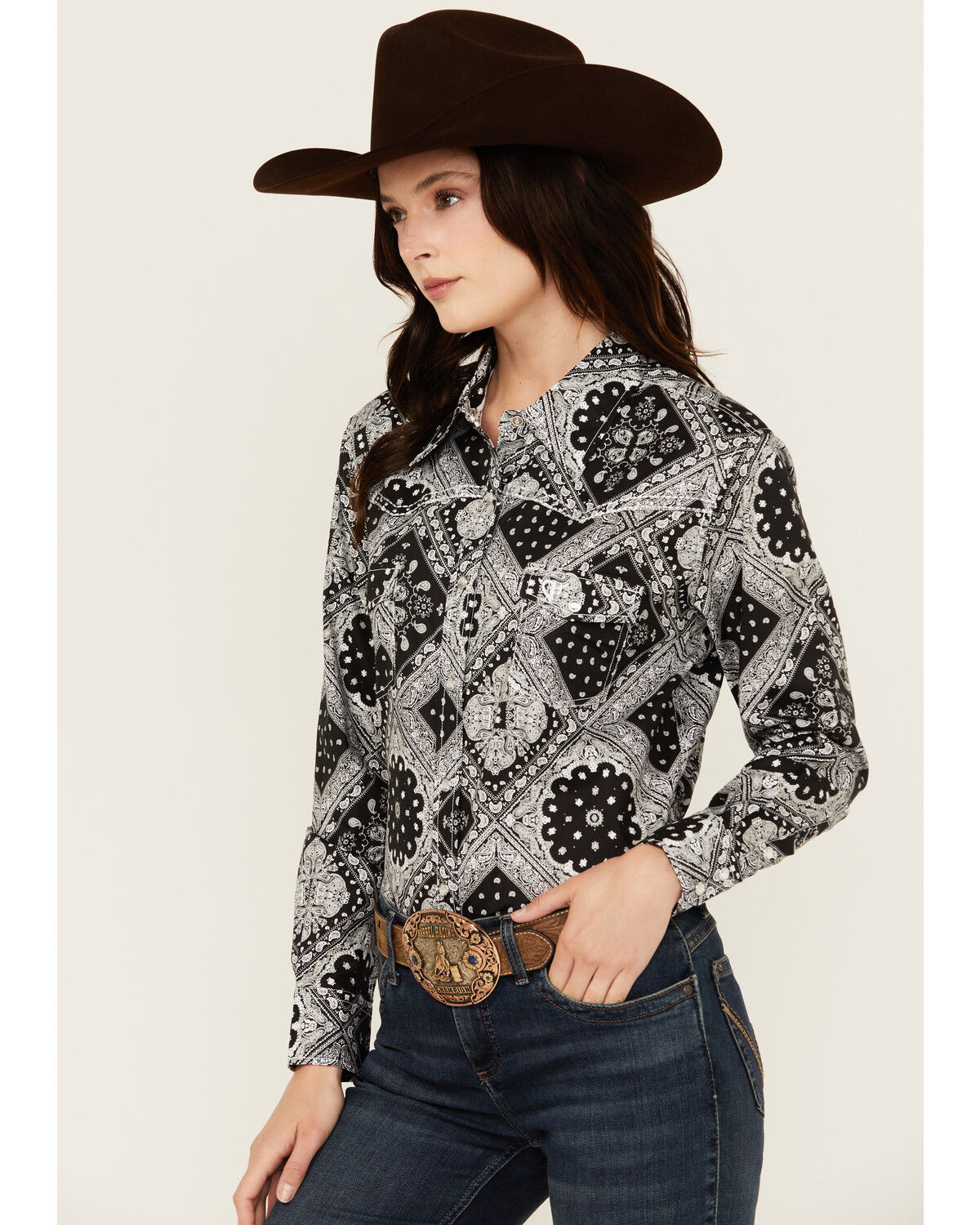 Image #2 - Cowgirl Hardware Women's Bandana Print Long Sleeve Snap Western Shirt, Black, hi-res