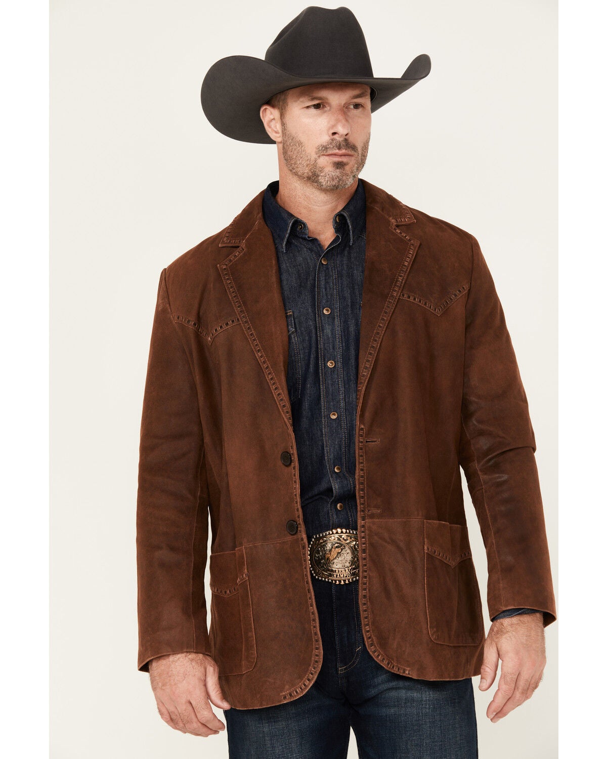 Image #1 - Cripple Creek Men's Leather Stitched Blazer, Brown, hi-res