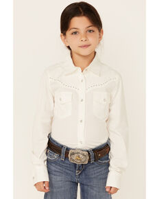 Shyanne Girls' Ivory Embroidered Long Sleeve Western Shirt, Ivory, hi-res