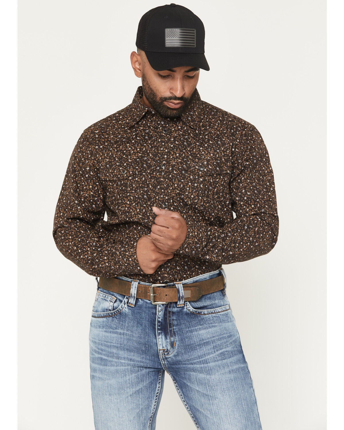 Cody James Men's FR Milkweed Printed Long Sleeve Stretch Work Shirt, Dark Brown, hi-res