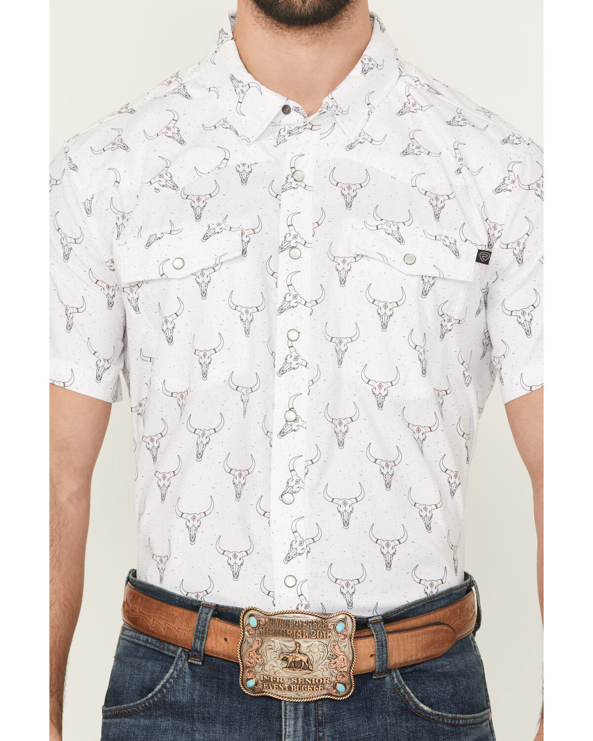 Image #3 - Rock & Roll Denim Men's TEK Longhorn Print Short Sleeve Pearl Snap Western Shirt, White, hi-res