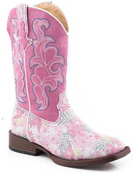 Roper Little Girls' Glitter Floral Western Boots - Square Toe, Pink, hi-res