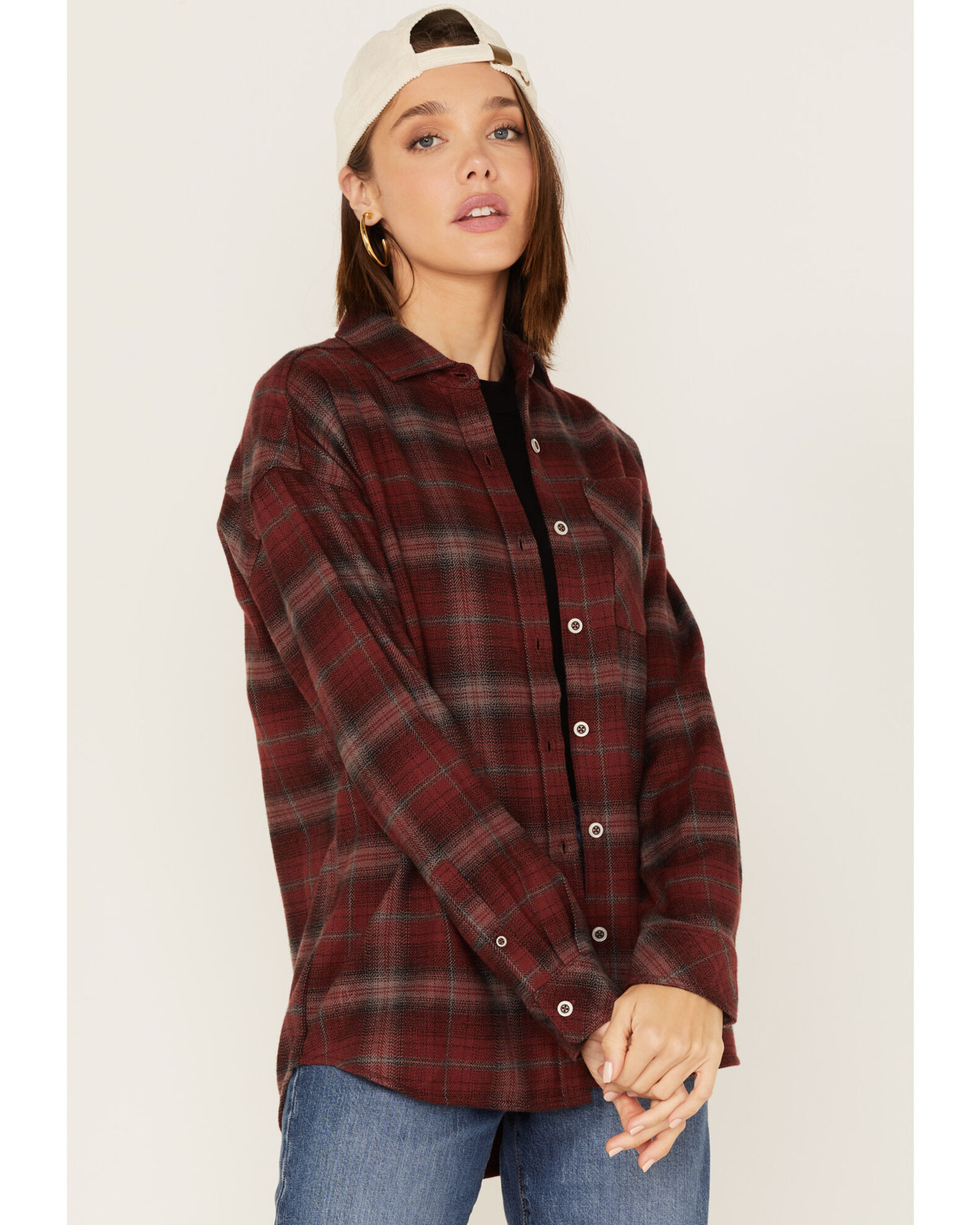 Image #1 - North River Women's Plaid Print Long Sleeve Button Down Boyfriend Shirt, Burgundy, hi-res