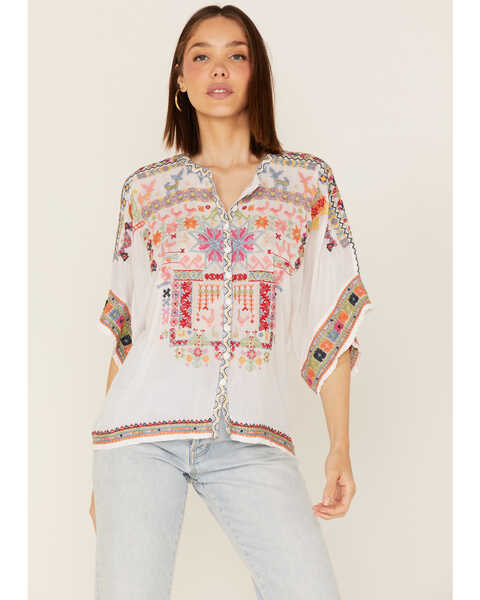 Johnny Was Women's Xylia Embroidered Wildlife & Floral Short Sleeve Blouse, White, hi-res