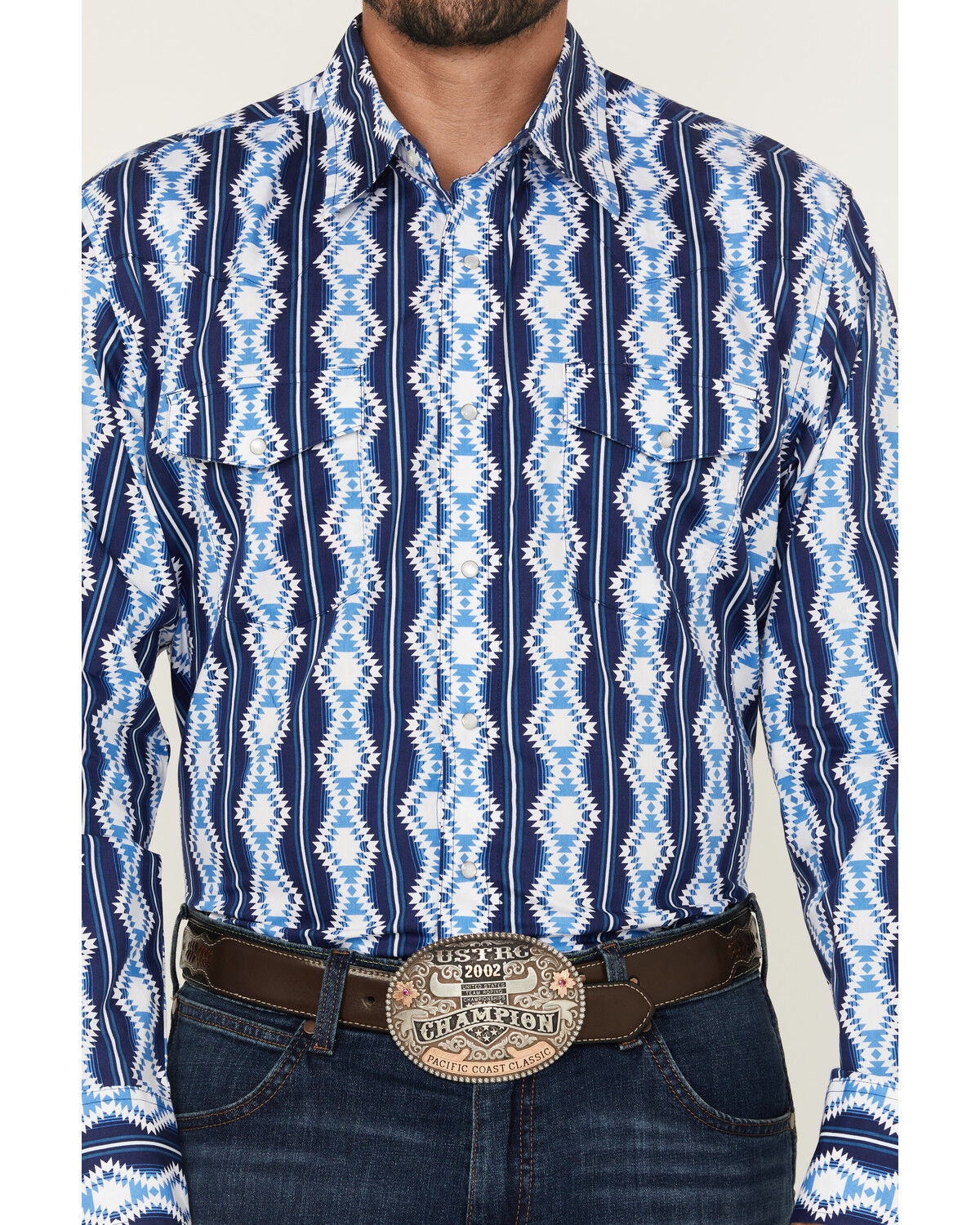 Image #3 - Wrangler Men's Checotah Southwestern Print Long Sleeve Snap Western Shirt, Blue, hi-res