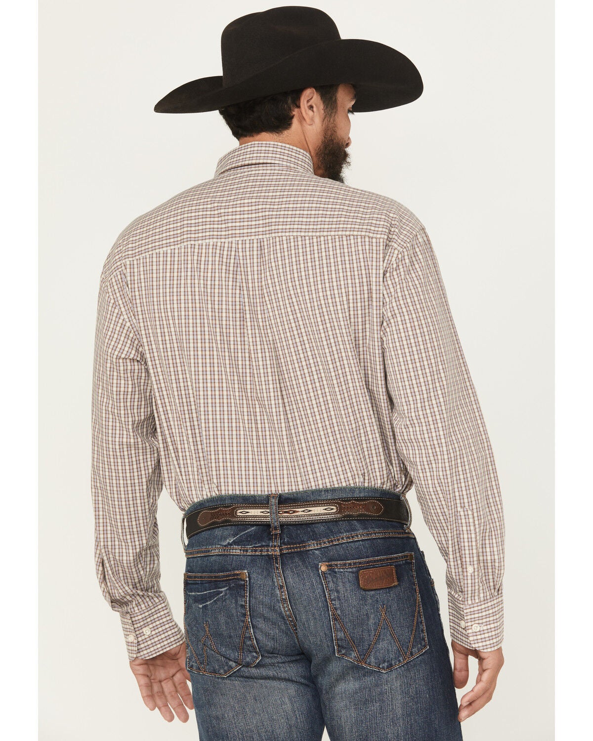 Image #4 - George Strait by Wrangler Men's Plaid Print Long Sleeve Button-Down Stretch Western Shirt, Taupe, hi-res