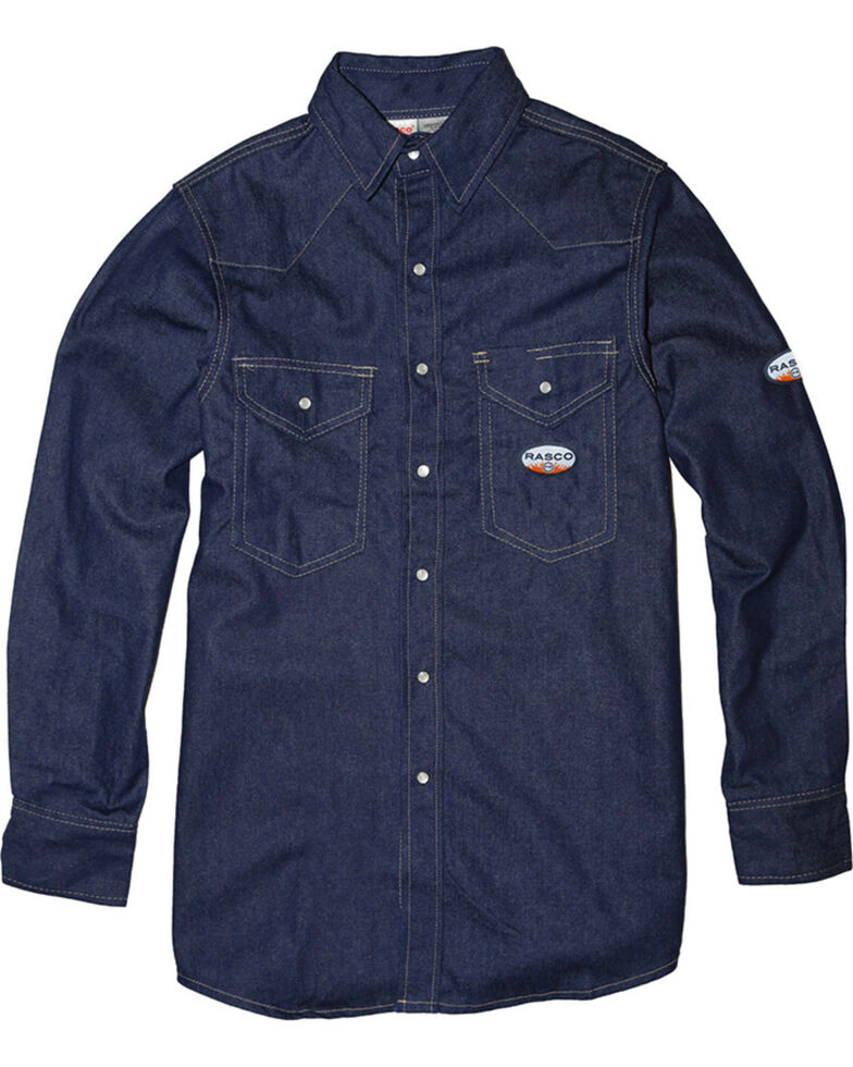 Rasco Men's Flame Resistant Long Sleeve Denim Western Shirt, Blue, hi-res