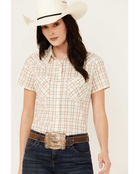 Image #2 - Wrangler Women's Plaid Print Short Sleeve Pearl Snap Western Shirt , Cream, hi-res