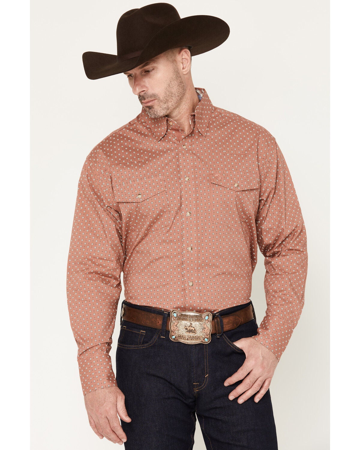 George Strait by Wrangler Men's Geo Print Long Sleeve Snap Stretch Western Shirt, Rust Copper, hi-res