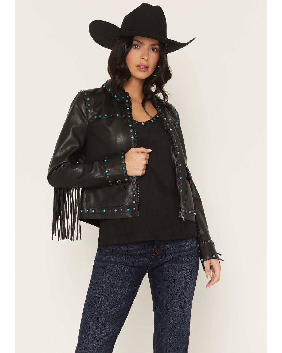 Idyllwind Women's Nance Studded Fringe Faux Leather Jacket, Black, hi-res
