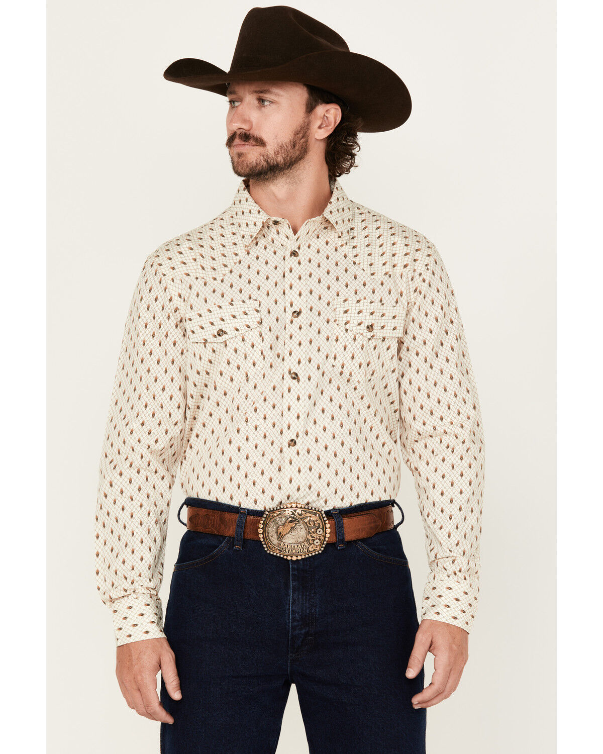 Image #1 - Gibson Trading Co Men's Firefly Geo Print Long Sleeve Snap Stretch Western Shirt, Cream, hi-res