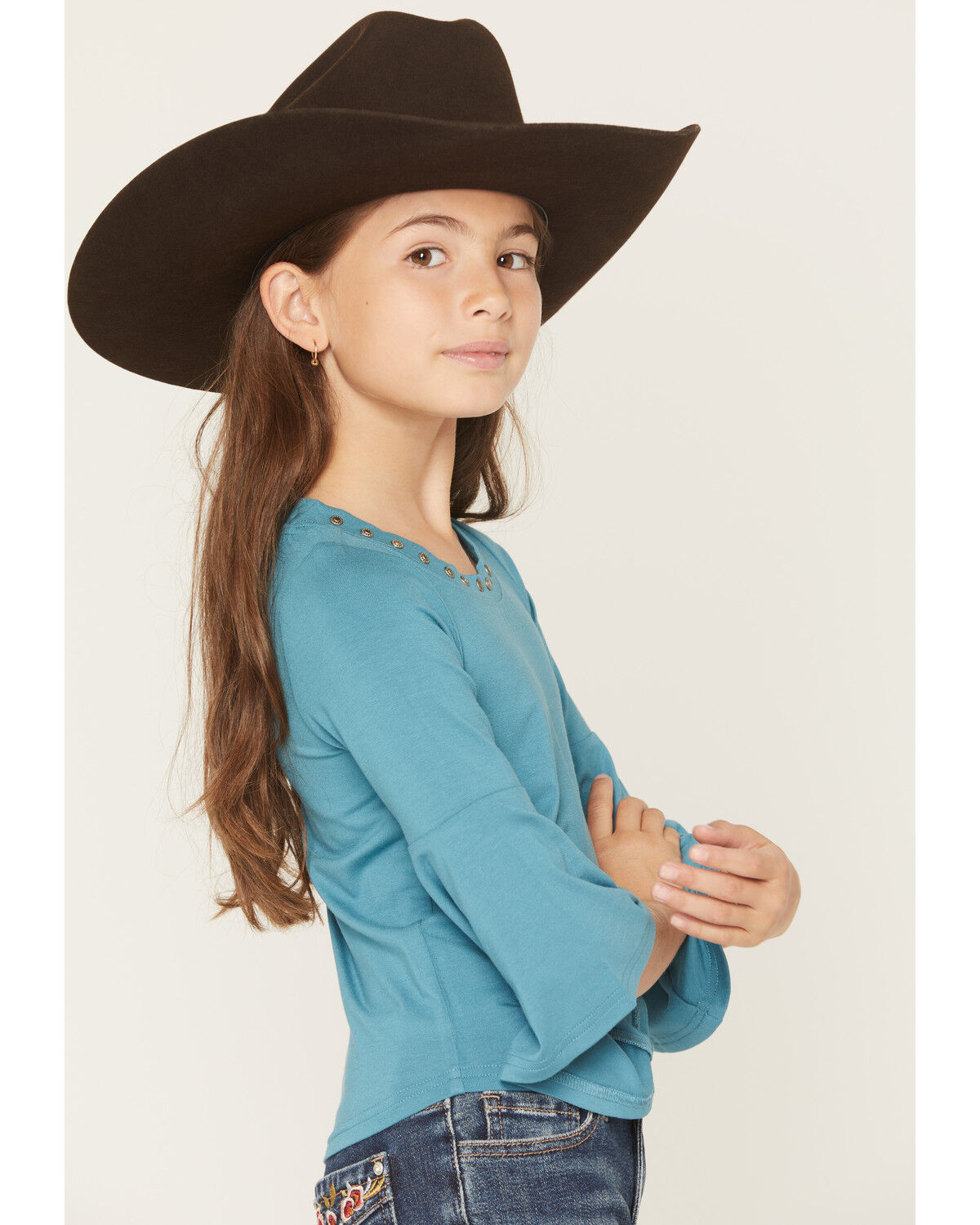 Image #2 - Shyanne Girls' Solid Studded Long Bell Sleeve Shirt, Turquoise, hi-res