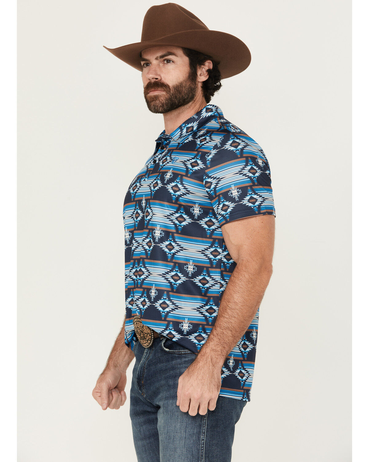 Image #2 - Rock & Roll Denim Men's Boot Barn Exclusive Southwestern Print Short Sleeve Polo Shirt, Navy, hi-res