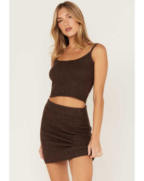 Cleo + Wolf Women's Ribbed Sweater Knit Cropped Tank Top, Chocolate, hi-res