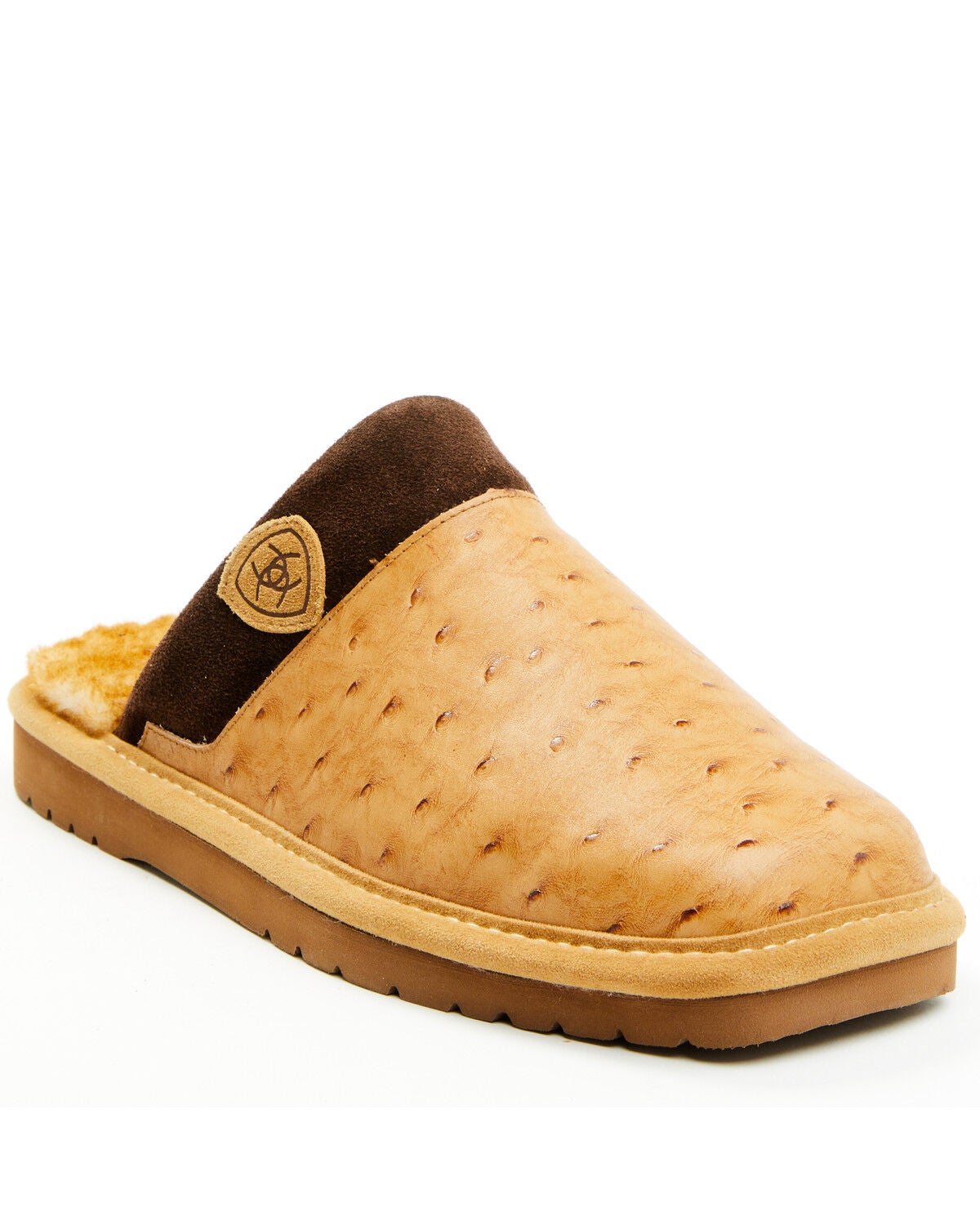 Ariat Men's Silversmith Full Quill Ostrich Print Slippers, Tan, hi-res