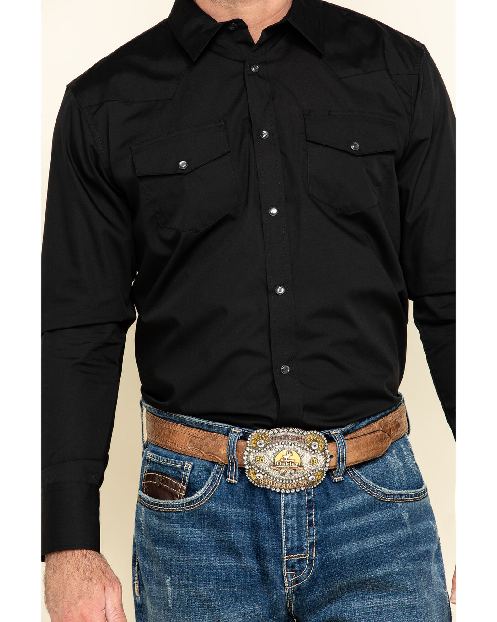 Image #4 - Gibson Men's Basic Solid Long Sleeve Pearl Snap Western Shirt, Black, hi-res