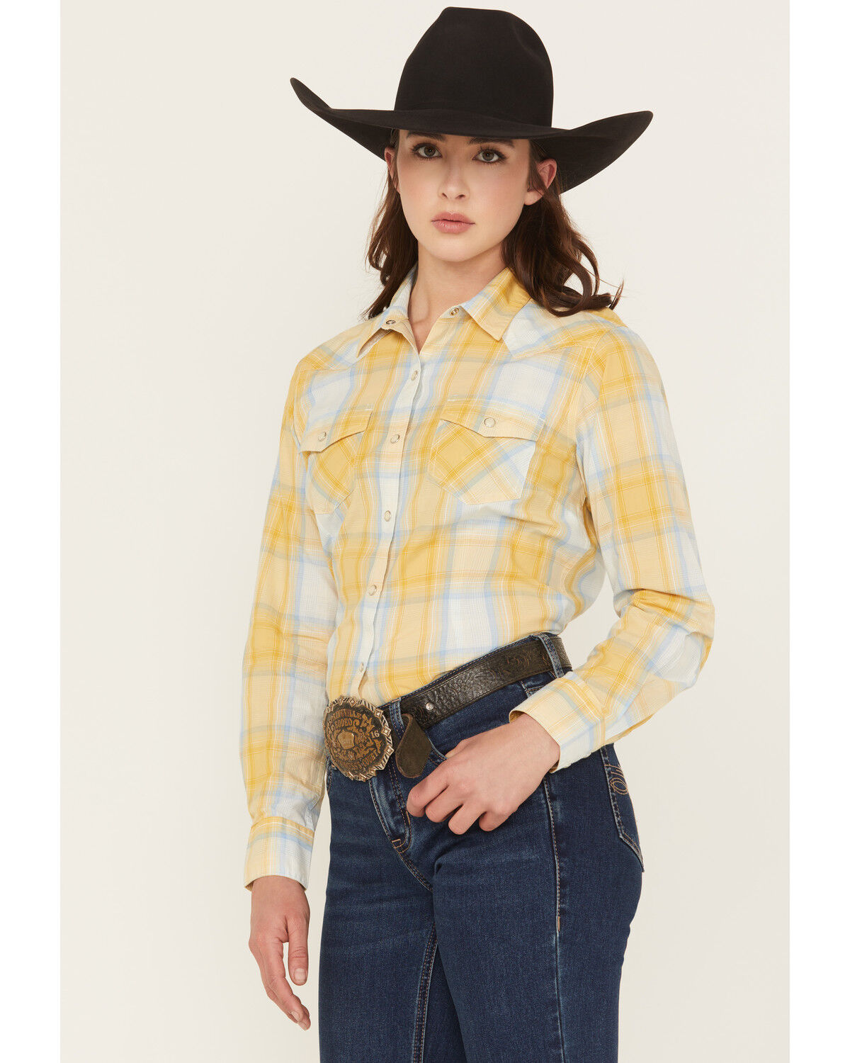 Image #1 - Ariat Women's Daisy Plaid Print Long Sleeve Snap Western Shirt, Yellow, hi-res
