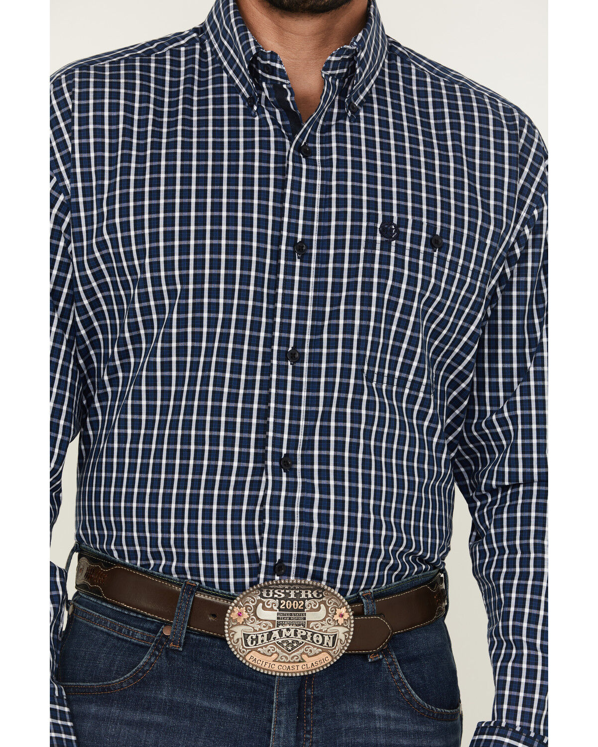 Image #3 - George Strait by Wrangler Men's Plaid Print Long Sleeve Button-Down Stretch Western Shirt, Blue, hi-res