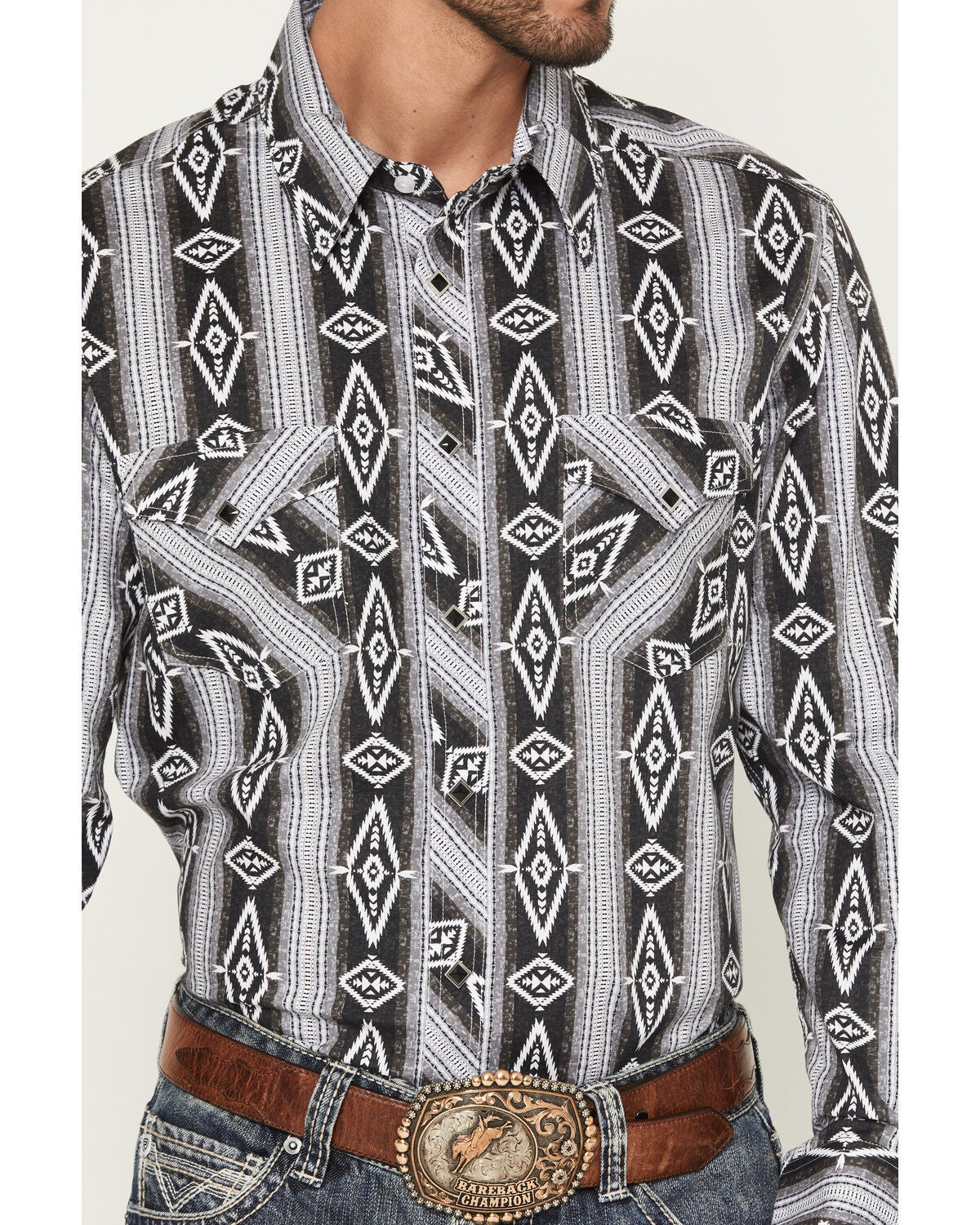 Image #3 - Rock & Roll Denim Men's Southwestern Print Long Snap Stretch Western Shirt, Black, hi-res