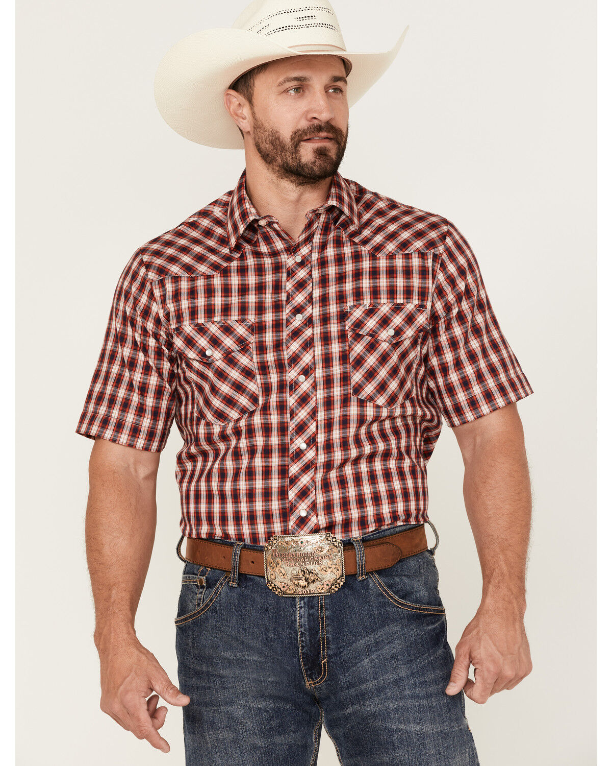 Image #1 - Roper Men's Classic Small Plaid Short Sleeve Pearl Snap Western Shirt, Red, hi-res