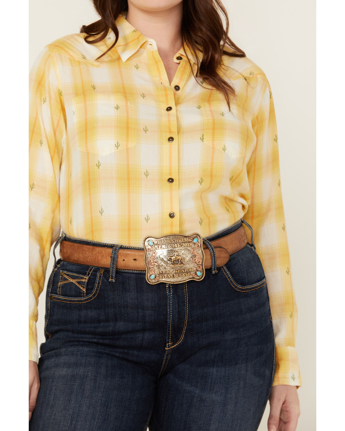 Image #3 - Ariat Women's Billie Jean Cactus Plaid Print Long Sleeve Button-Down Western Shirt - Plus, Yellow, hi-res