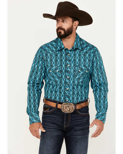 Image #1 - Rock & Roll Denim Men's Southwestern Print Vintage Stretch Western Shirt, Turquoise, hi-res