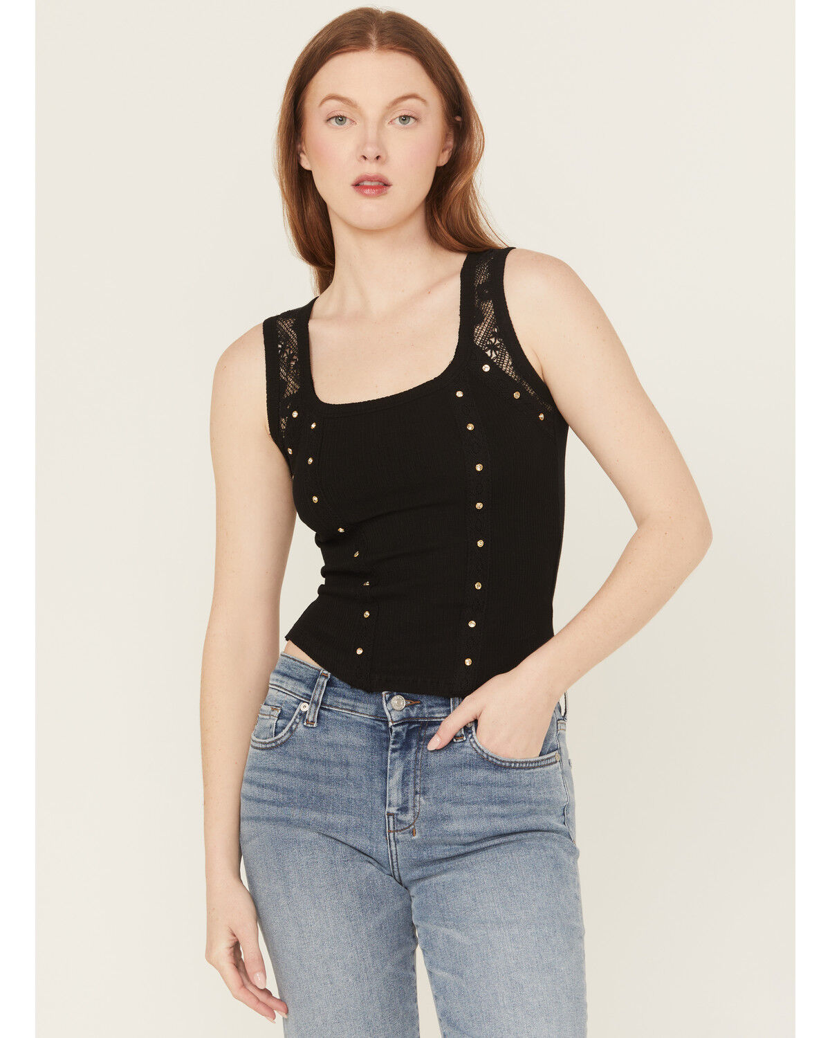 Image #1 - Miss Me Women's Rhinestone Rib Tank, Black, hi-res