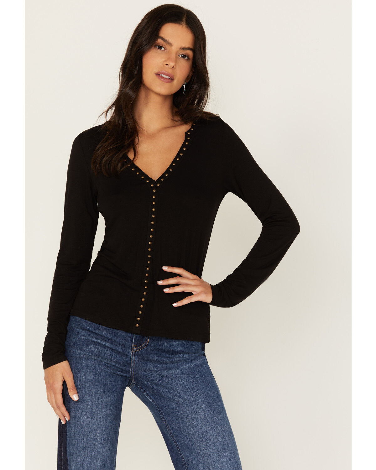 Image #1 - Idyllwind Women's Quitman Studded Henley Shirt, Black, hi-res