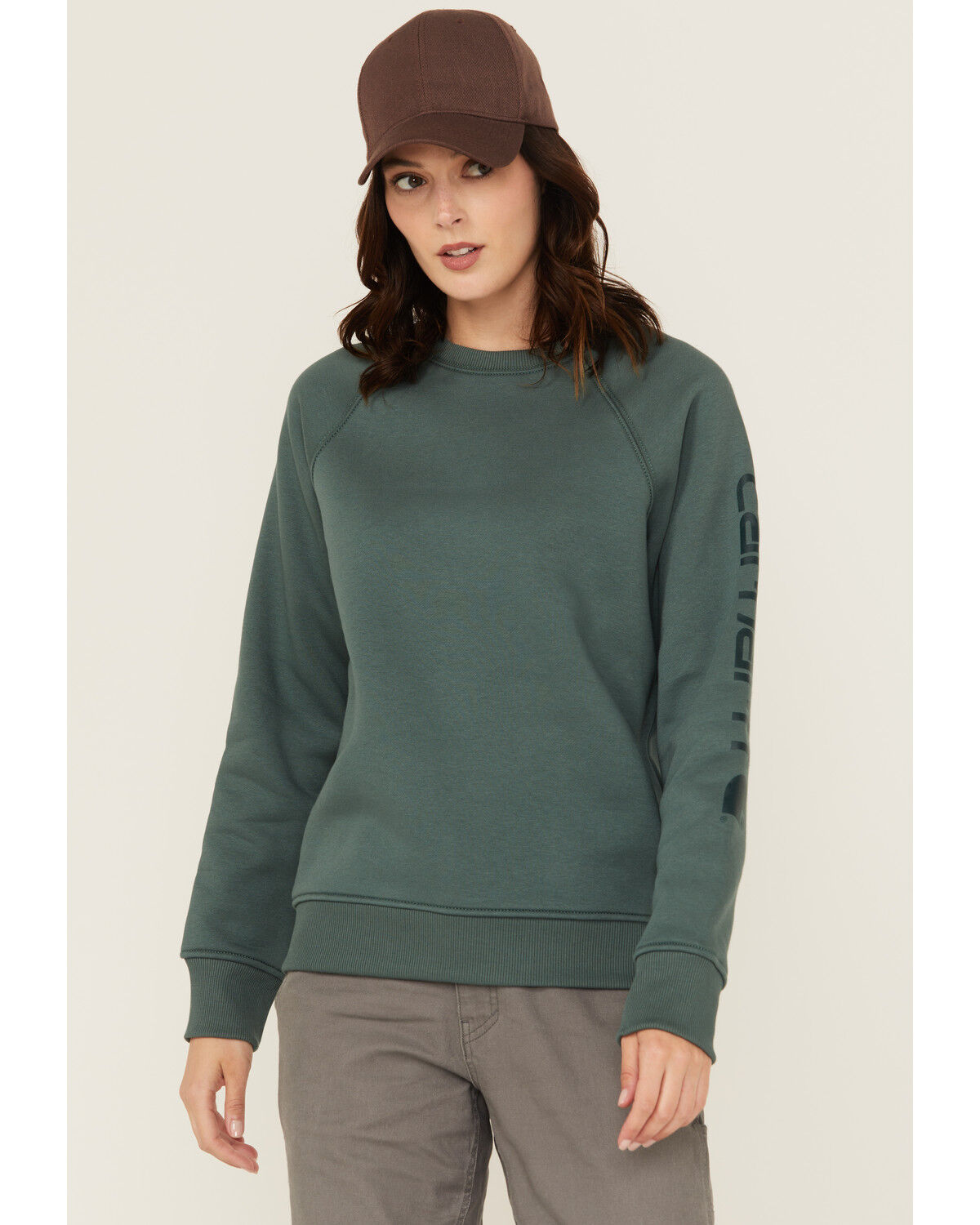 Image #1 - Carhartt Women's Relaxed Fit Midweight Graphic Crewneck Sweatshirt, Forest Green, hi-res