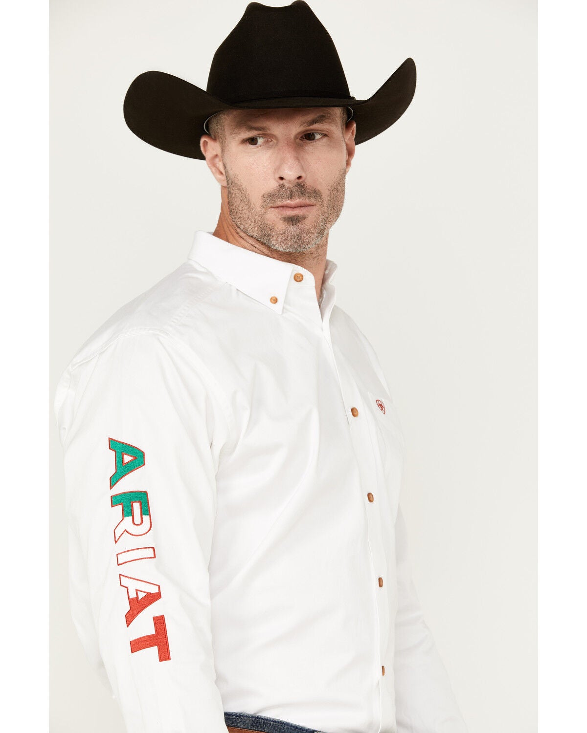 Ariat Men's Team Mexico Logo Twill Classic Fit Long Sleeve Button-Down Western Shirt, White, hi-res
