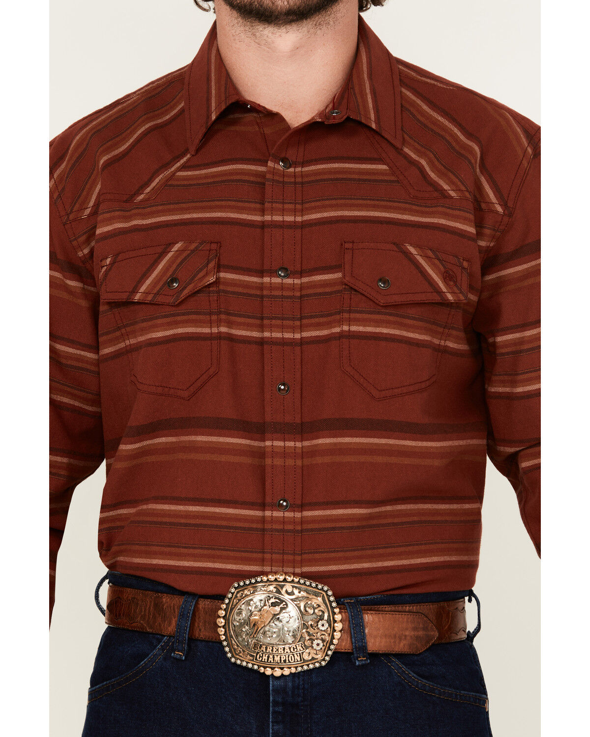 Image #3 - Blue Ranchwear Men's Range Striped Long Sleeve Snap Western Shirt, Red, hi-res