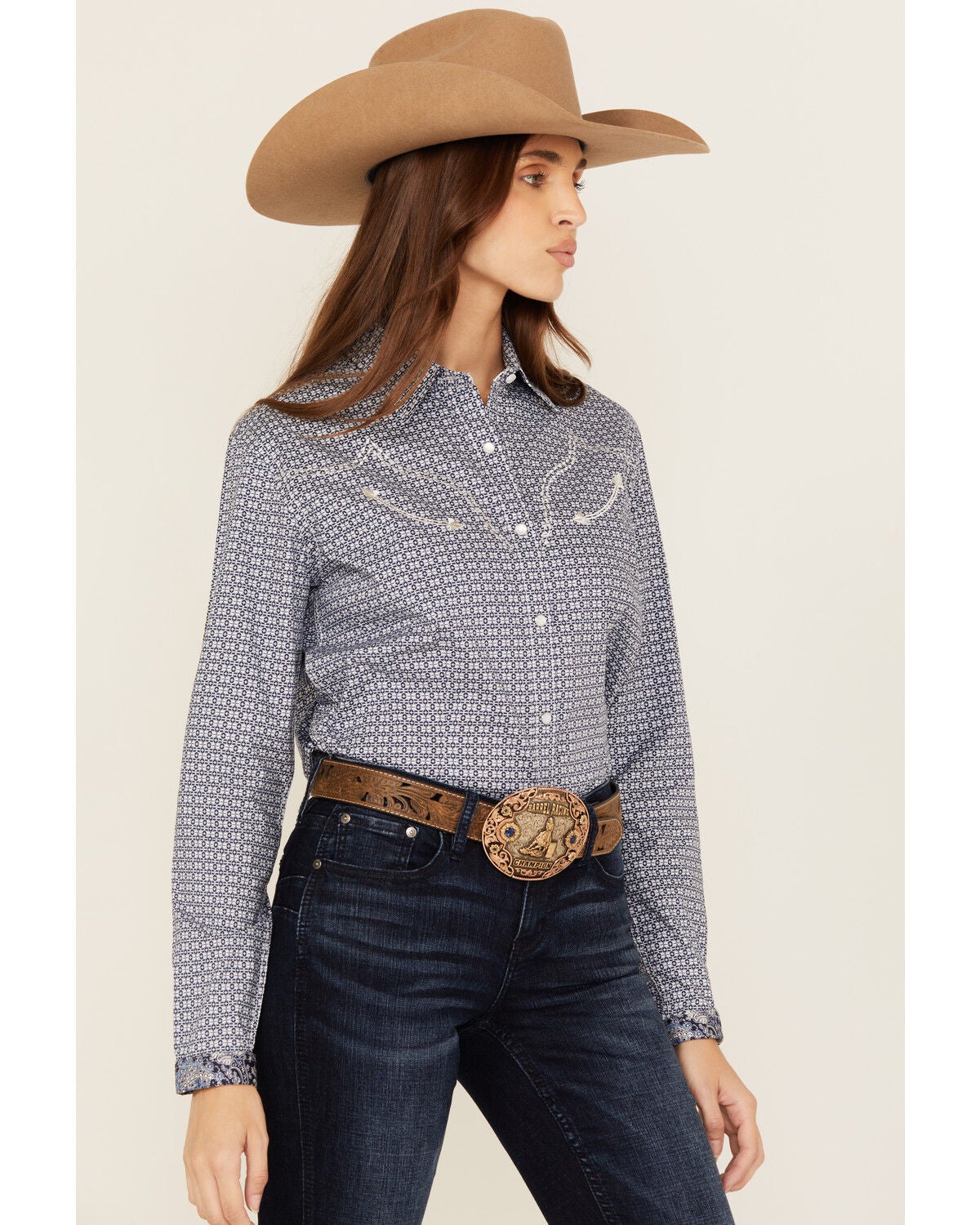 Panhandle Women's Geo Print Long Sleeve Snap Stretch Western Shirt, Navy, hi-res