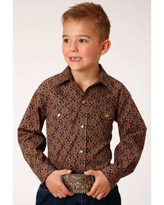 Roper Boys' Cedar Brook Amarillo Diamond Geo Print Long Sleeve Western Shirt , Brown, hi-res