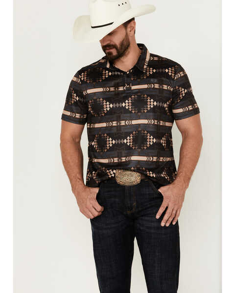Image #1 - Rock & Roll Denim Men's Boot Barn Exclusive Southwestern Print Short Sleeve Polo Shirt , Black, hi-res