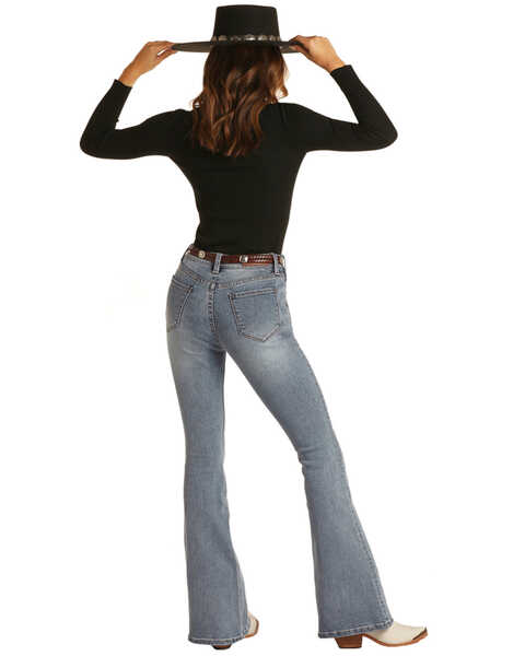 Image #3 - Rock & Roll Denim Women's Light Wash High Rise Flare Denim Jeans, Light Blue, hi-res