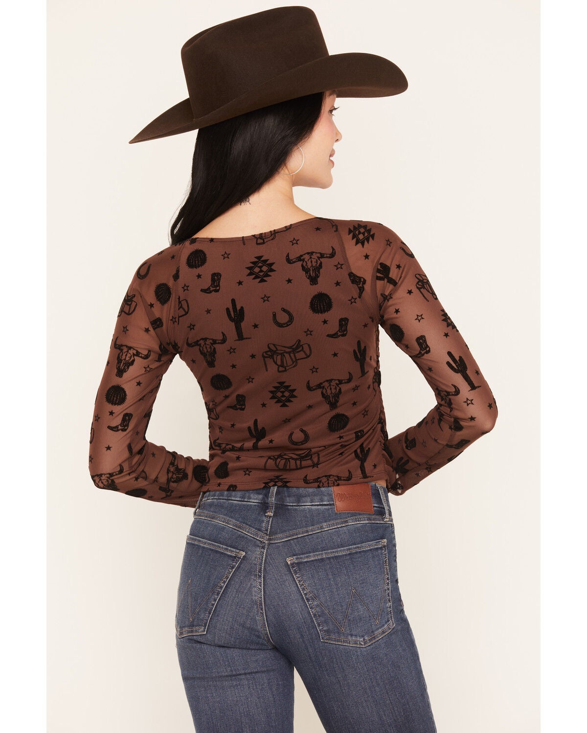 Image #4 - Rock & Roll Denim Women's Western Print Long Sleeve Mesh Top, Brown, hi-res