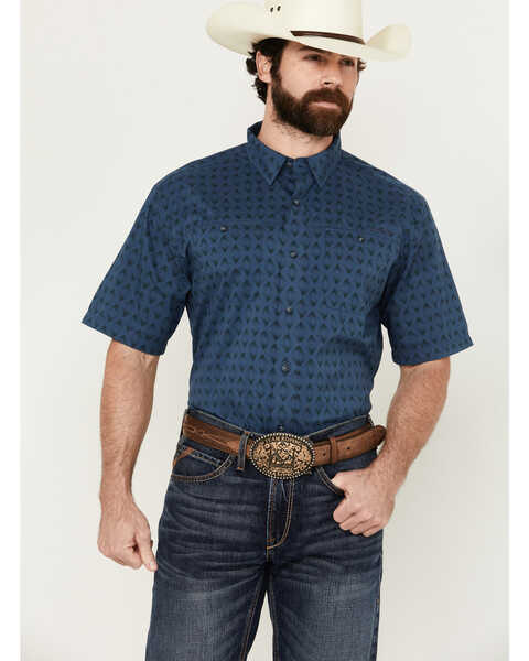 Ariat Men's 360Airflow Geo Print Short Sleeve Button-Down Western Shirt - Tall , Dark Blue, hi-res