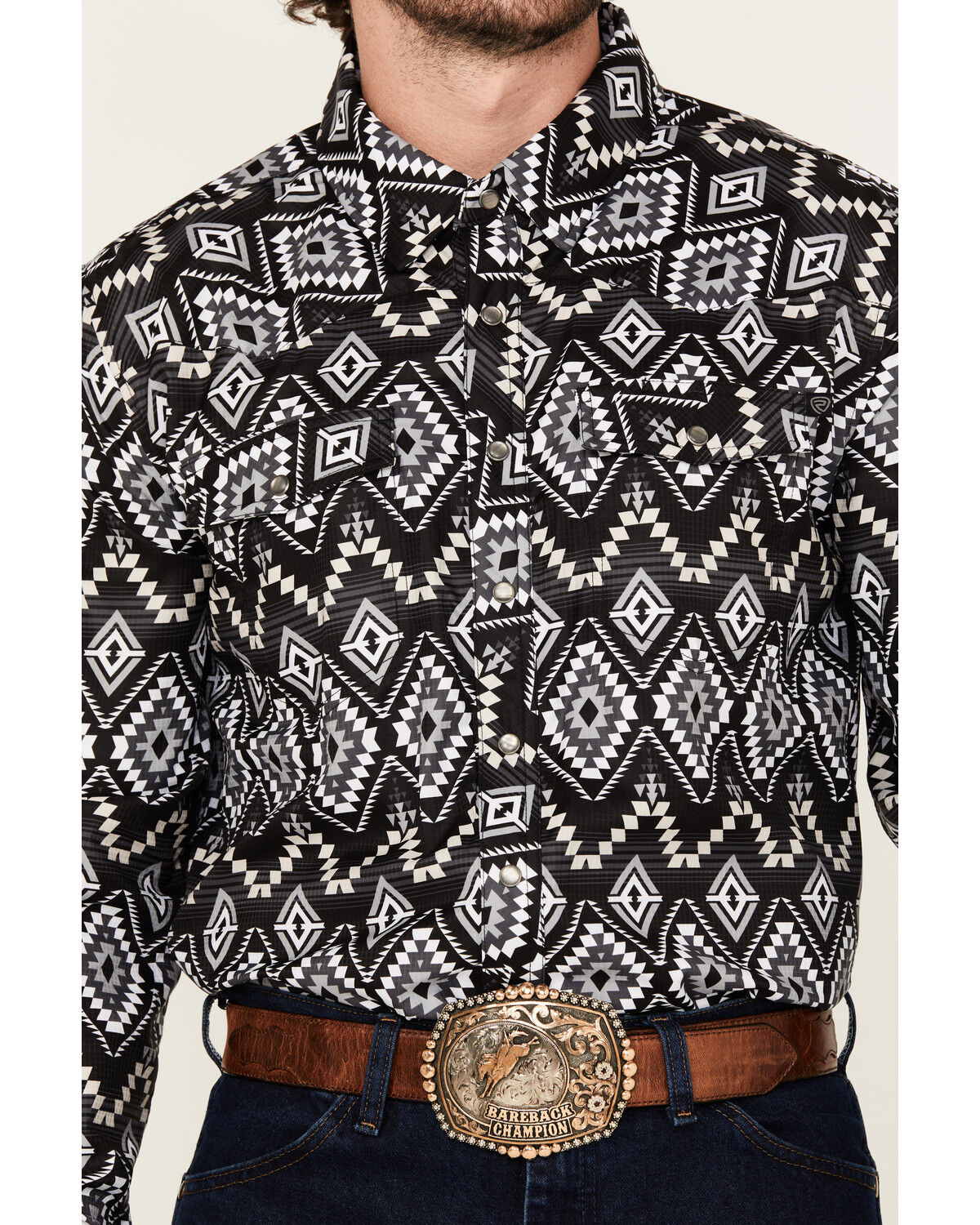 Image #3 - Rock & Roll Denim Men's Tek Southwestern Print Long Sleeve Pearl Snap Western Shirt, Black, hi-res