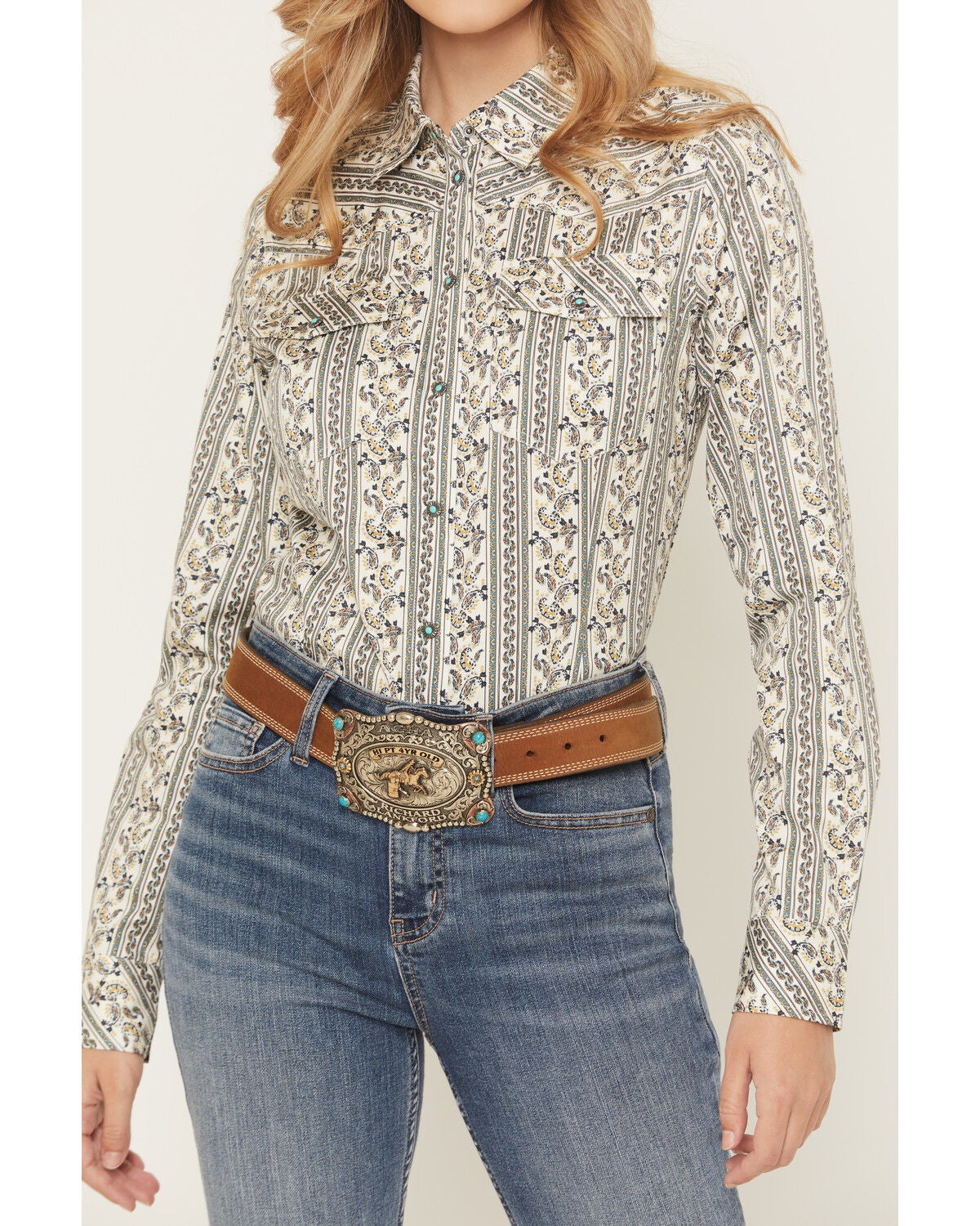 Image #3 - Shyanne Women's Paisley Wallpaper Print Long Sleeve Snap Stretch Western Shirt, Cream, hi-res