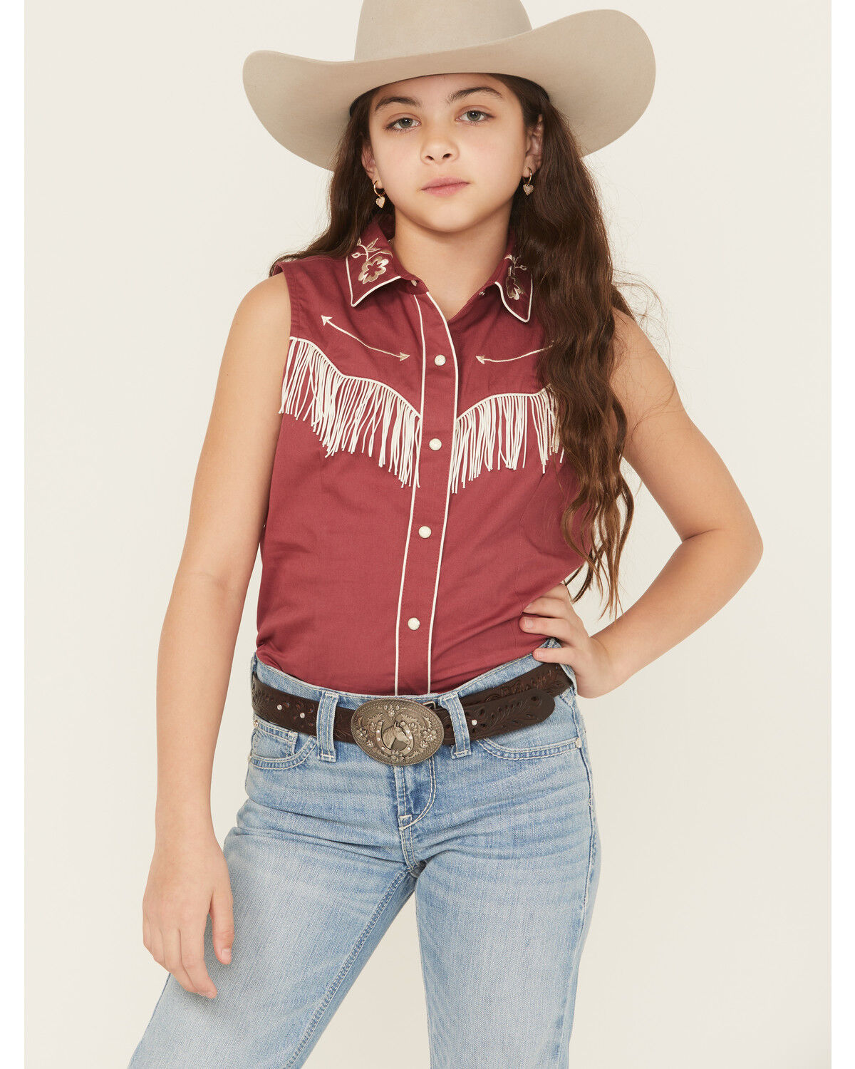 Image #1 - Rock & Roll Denim Girls' Embroidered Retro Sleeveless Snap Western Shirt, Wine, hi-res
