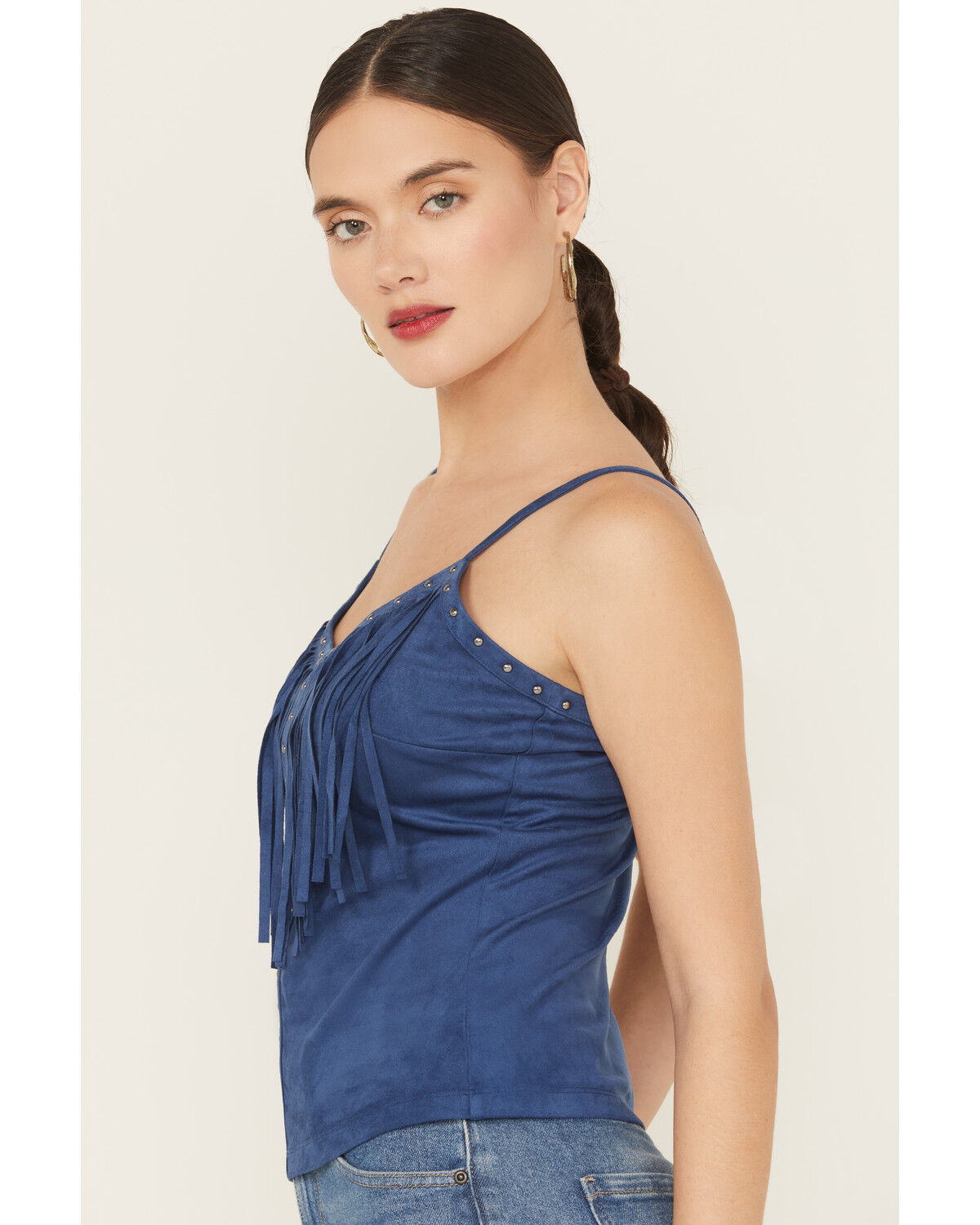 Image #3 - Idyllwind Women's Faux Suede Studded Fringe Sleeveless Tank Top, Blue, hi-res