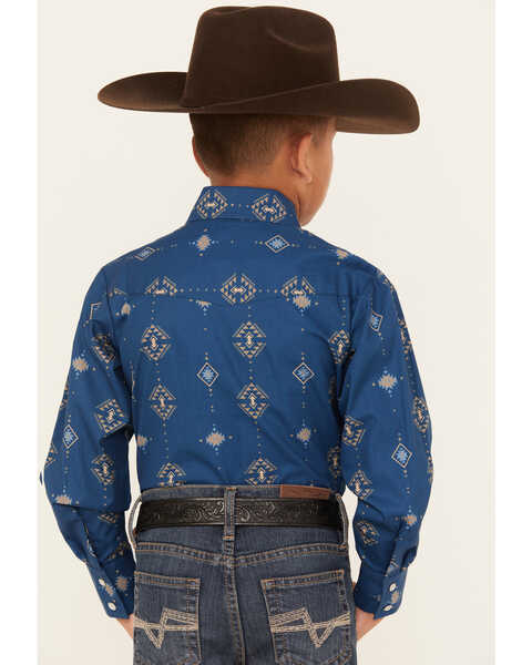 Image #4 - Ely Walker Boys' Southwestern Print Long Sleeve Pearl Snap Western Shirt , Navy, hi-res