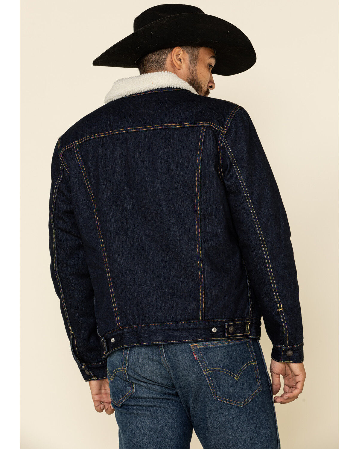Image #4 - Levi's Men's Juniper Sherpa Lined Trucker Denim Jacket, Dark Blue, hi-res