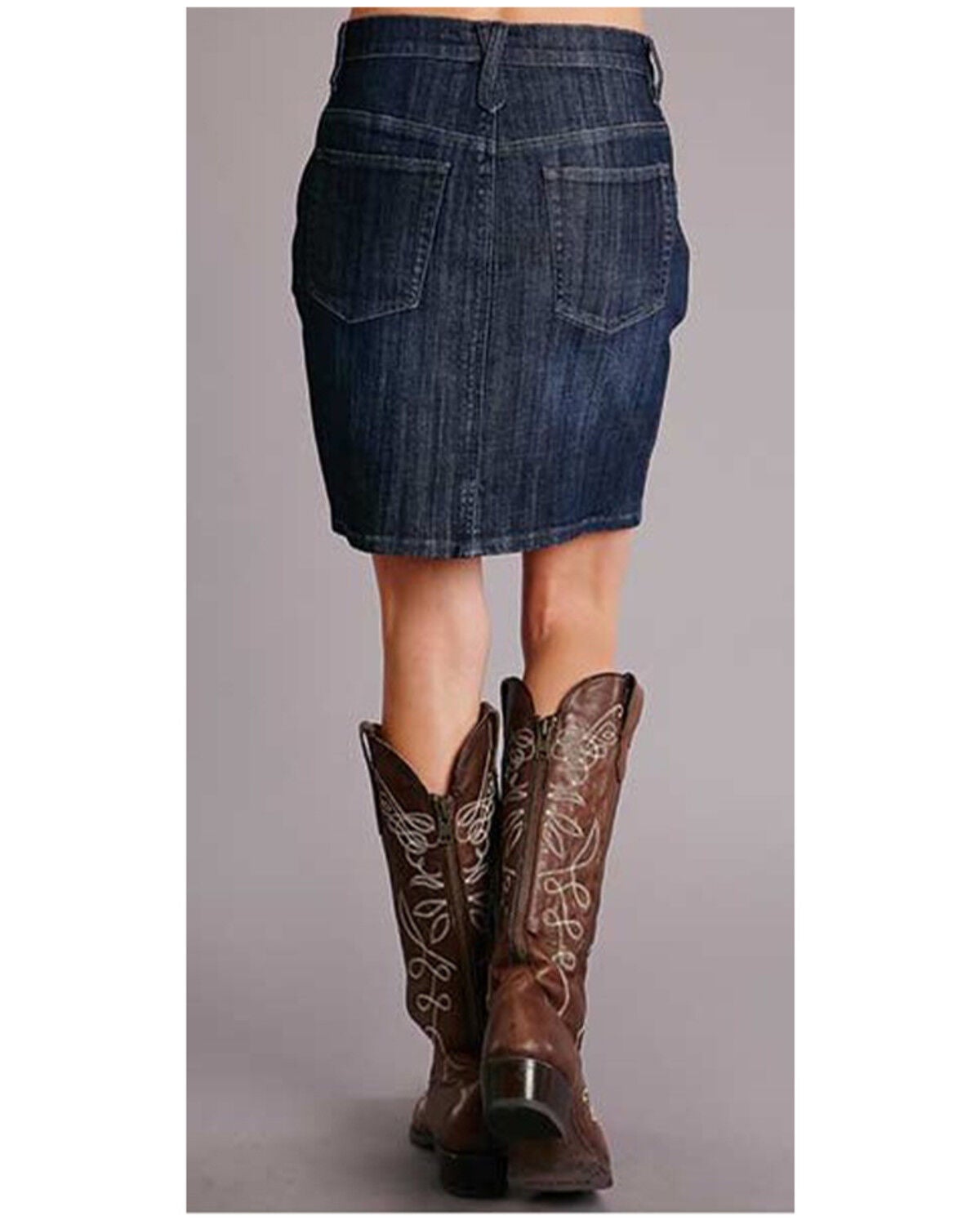 blue jean skirt and cowboy boots