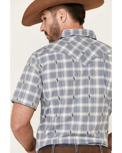 Image #4 - Moonshine Spirit Men's Cacti Med Plaid Print Short Sleeve Pearl Snap Western Shirt , Navy, hi-res