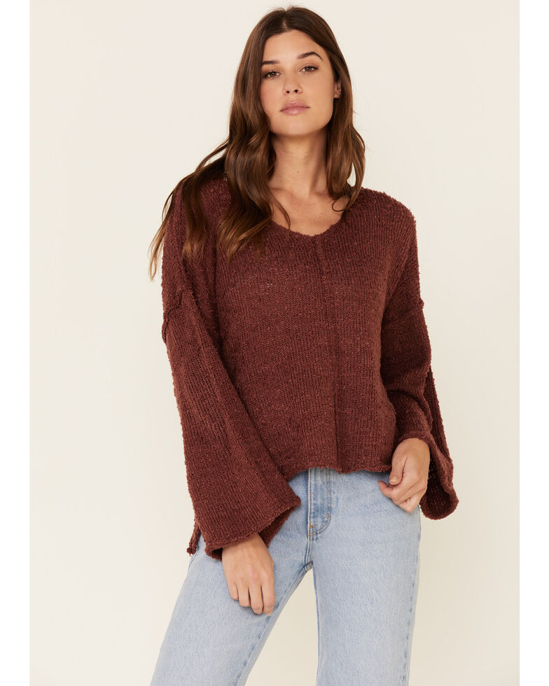 Very J Women's Knit Hi-Low Bell Sleeve Sweater , Rust Copper, hi-res
