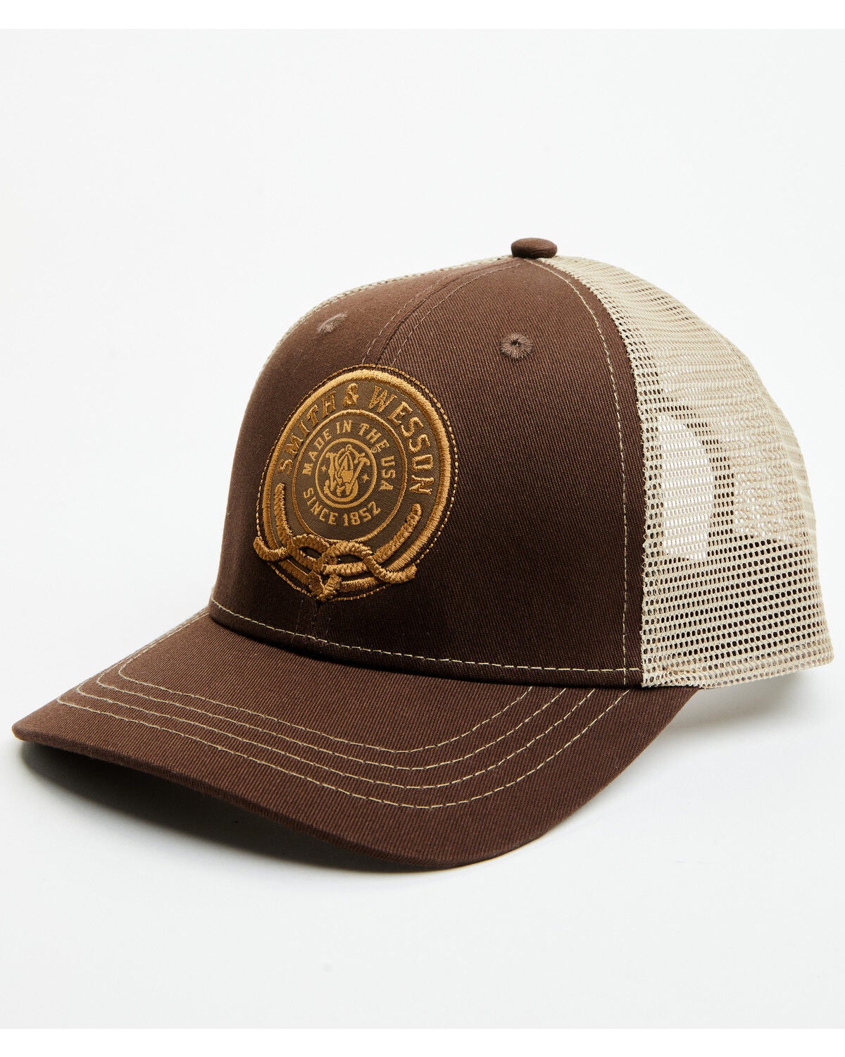 Smith & Wesson Men's Stamp Rope Patch Trucker Cap, Brown, hi-res