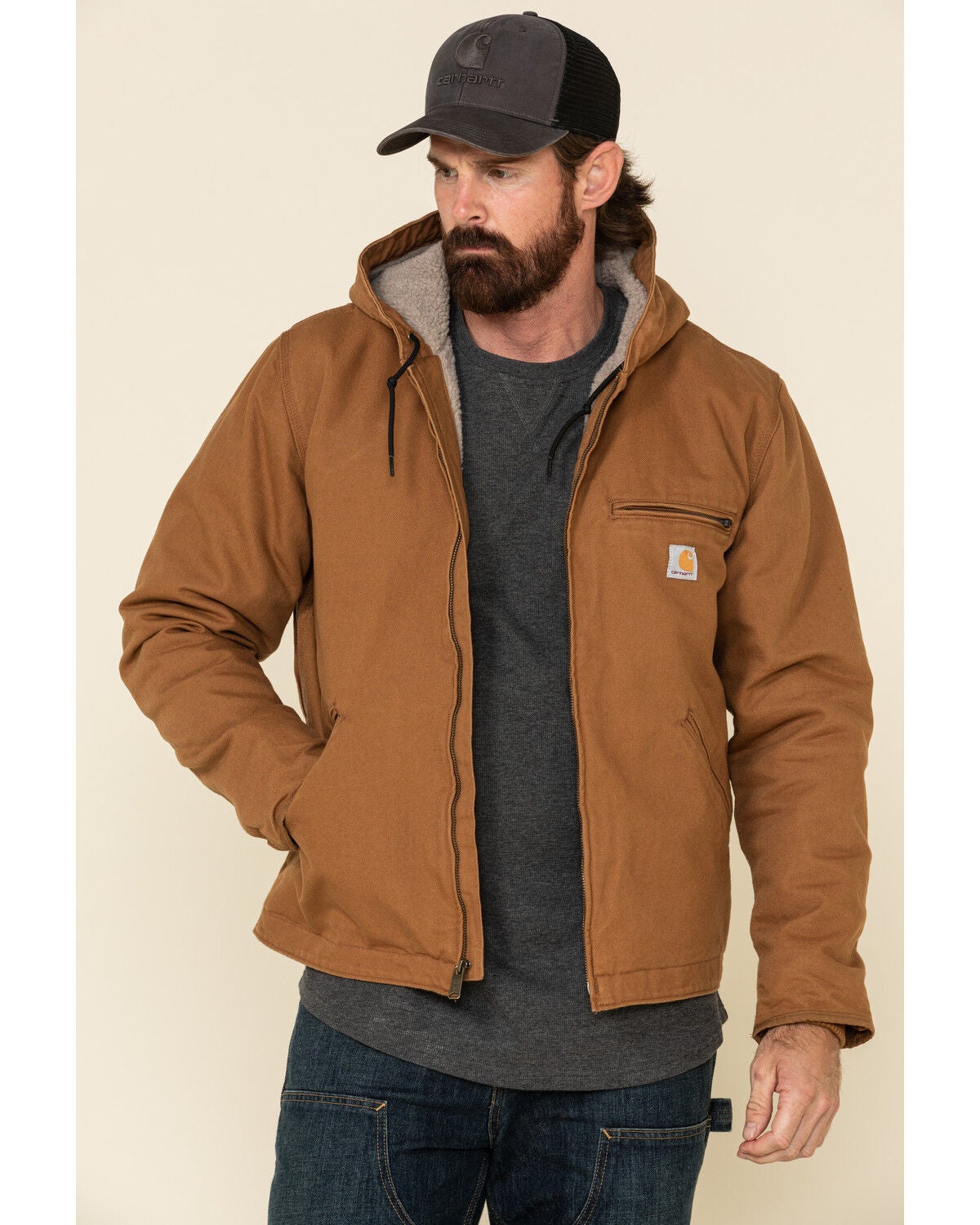 Carhartt Men's Washed Duck Sherpa Lined Hooded Work Jacket - Big & Tall, Brown, hi-res